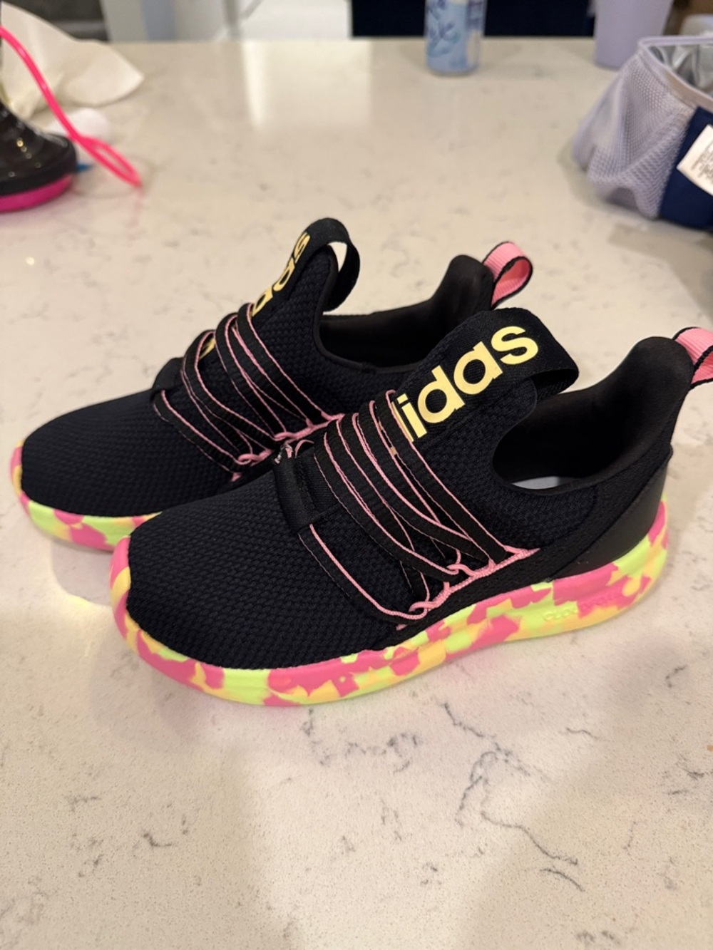 adidas Kids Black Sneakers with Pink and Neon Yellow Camo Sole